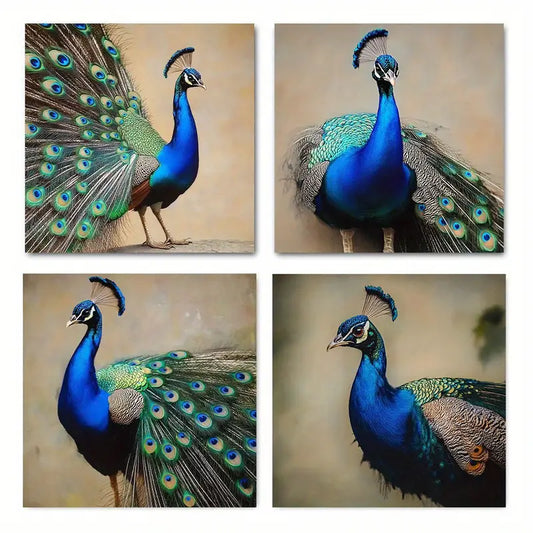 4pcs Blue Peacock Canvas Wall Art Canvas Framed
