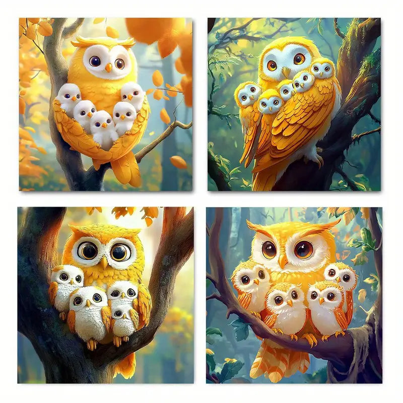 4pcs  yellow owl and Little ow  d f Wall Art Canvas Framed