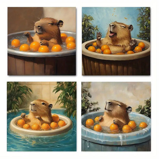 4pcs Fun Capybara Bath Wall Art Canvas Framed