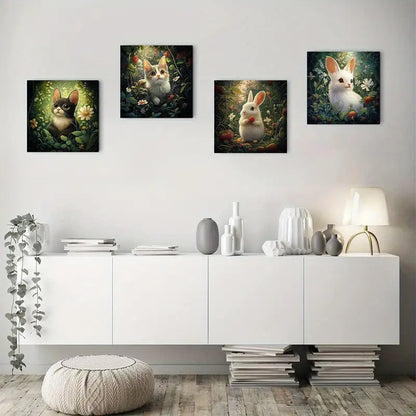4pcs Painting Rabbit Gras Wall Art Canvas Framed