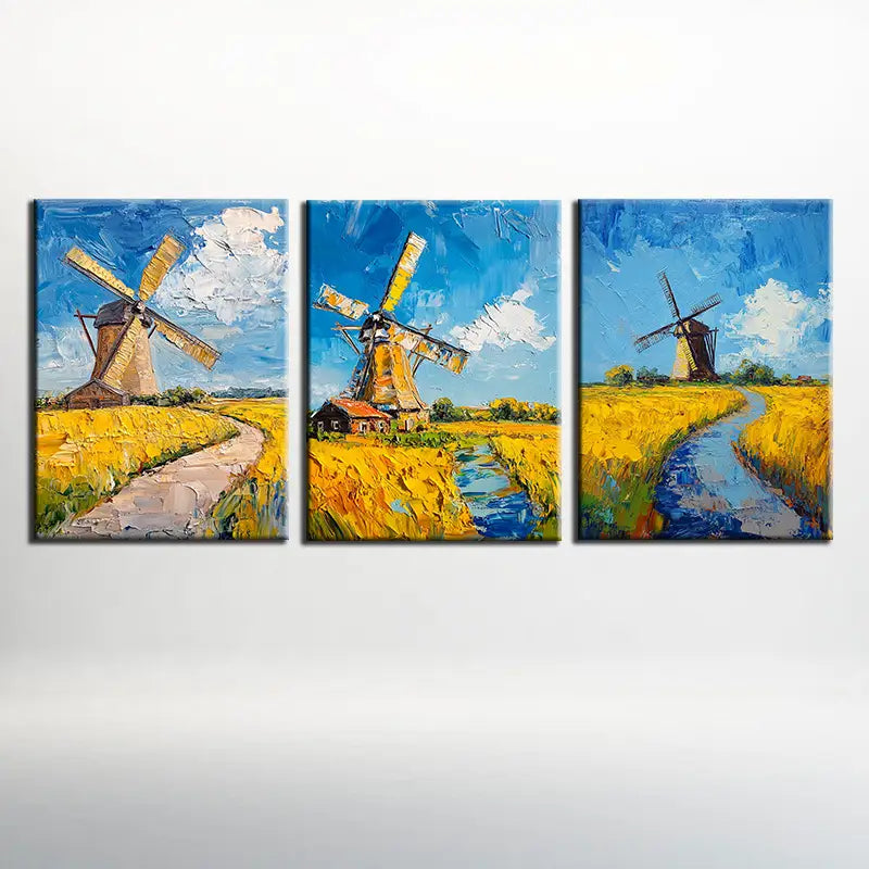 3pcs Windmill Rustic Countryside Oil Painting Metal Print Ready to Hang Art