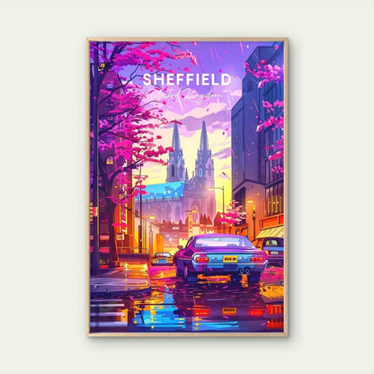 Sheffield England Pink Cherry Blossom Trees Travel Poster Print Wall Art