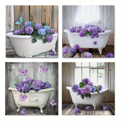 4pcs Purple Hydrangea In Vintage Bathtub Wall Art Canvas Framed