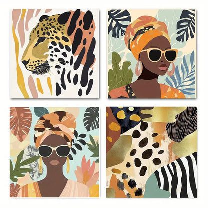 4pcs Leopard & Tropical Foliage Prints Wall Art Canvas Framed
