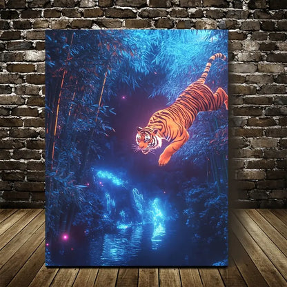 Tiger Swinging in Bamboo Grove with Neon 40x60cm Metal Print Ready to Hang