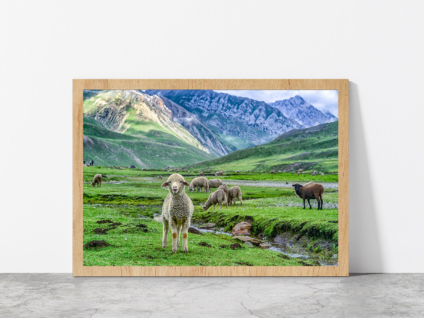 Sheep In Beautiful Mountain Glass Framed Wall Art, Ready to Hang Quality Print Without White Border Oak