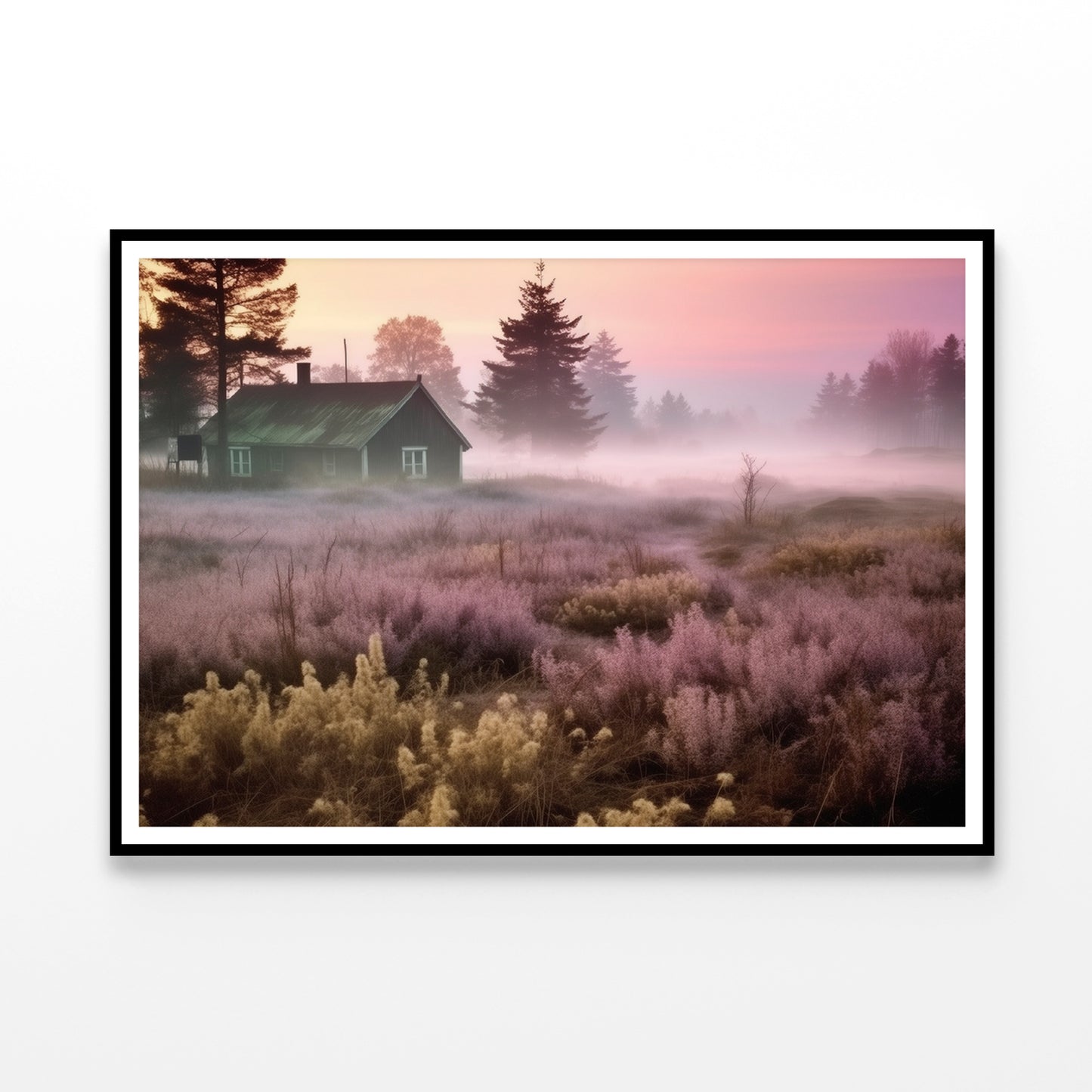 A House in a Field during Sunrise with Trees, Grass Home Decor Premium Quality Poster Print Choose Your Sizes