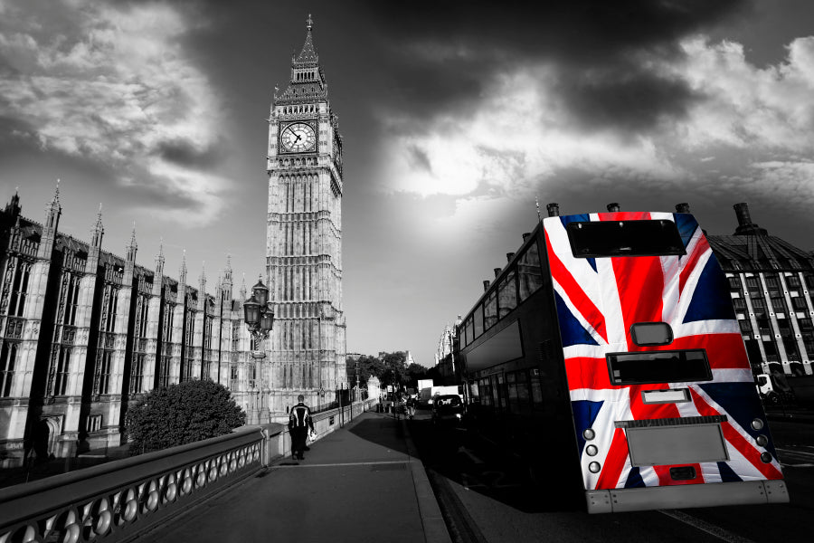 Big Ben with City Bus Covered Flag of England, London, UK Home Decor Premium Quality Poster Print Choose Your Sizes