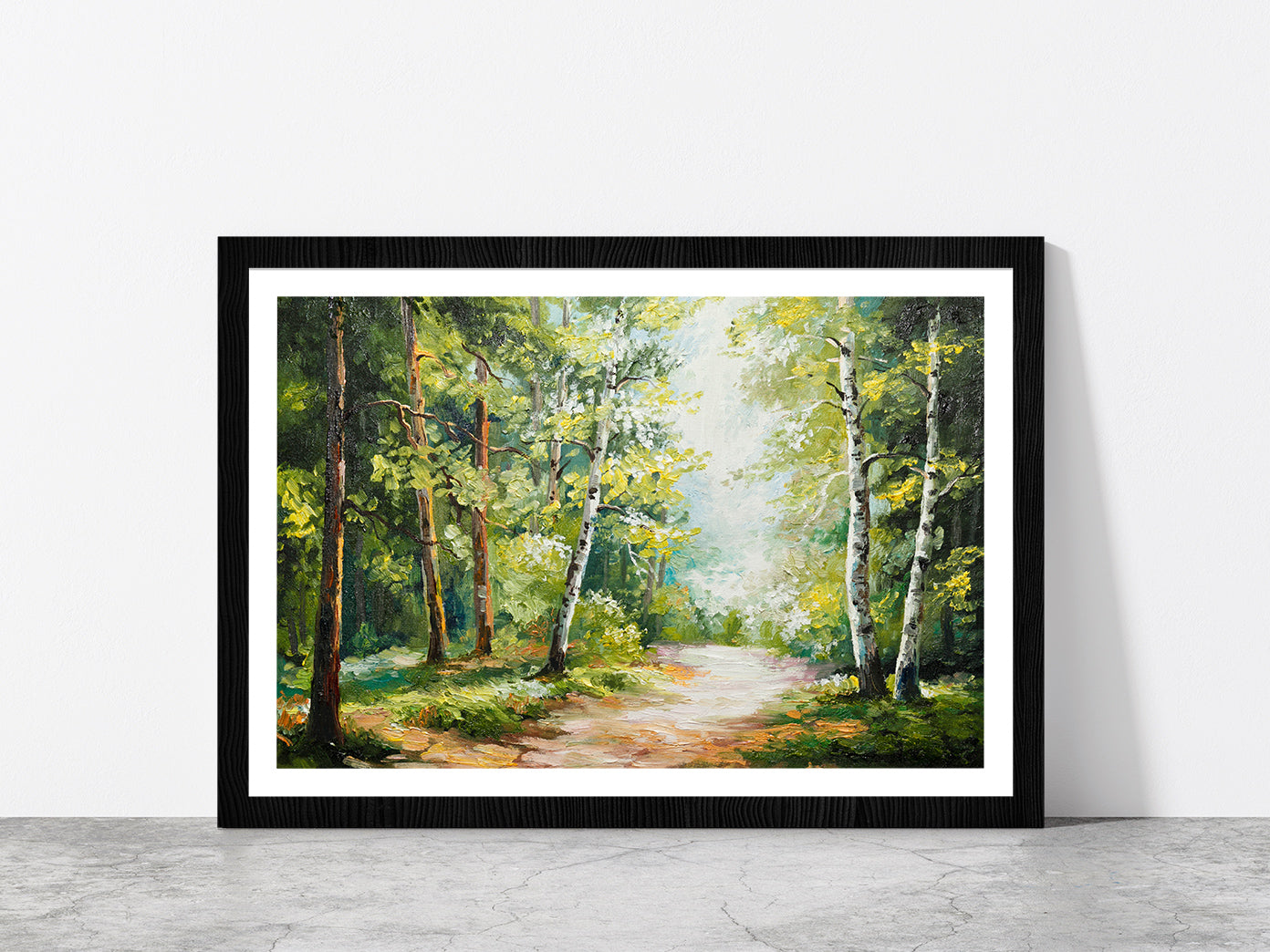 Trees On Summer Forest & Forest Road Glass Framed Wall Art, Ready to Hang Quality Print With White Border Black