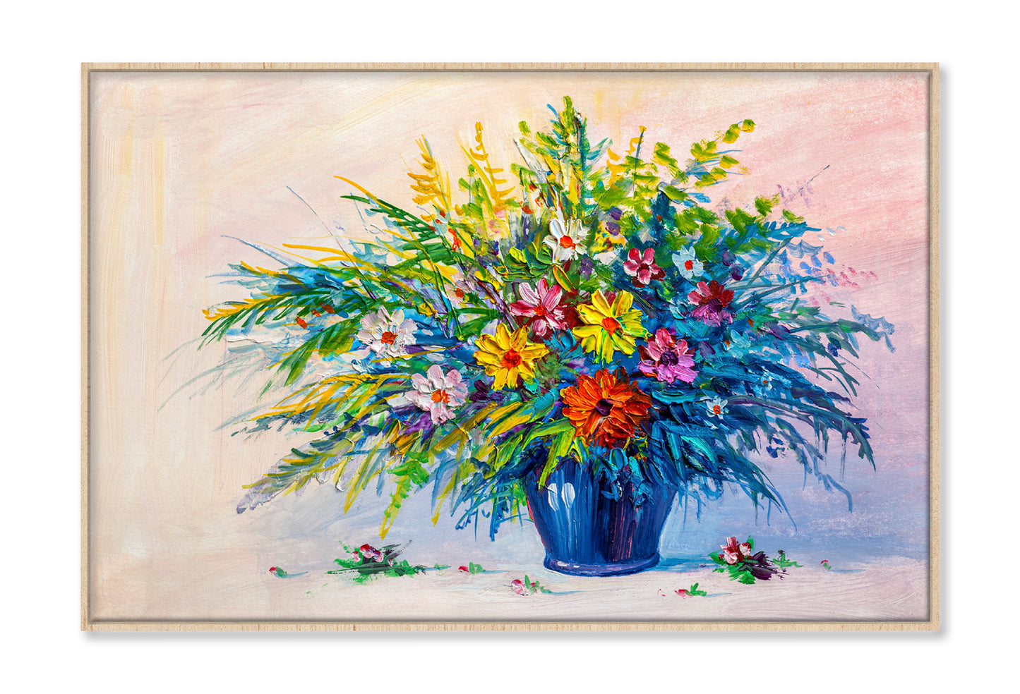 Colorful Flowers with Leaves in Vase Oil Painting Wall Art Limited Edition High Quality Print Canvas Box Framed Natural