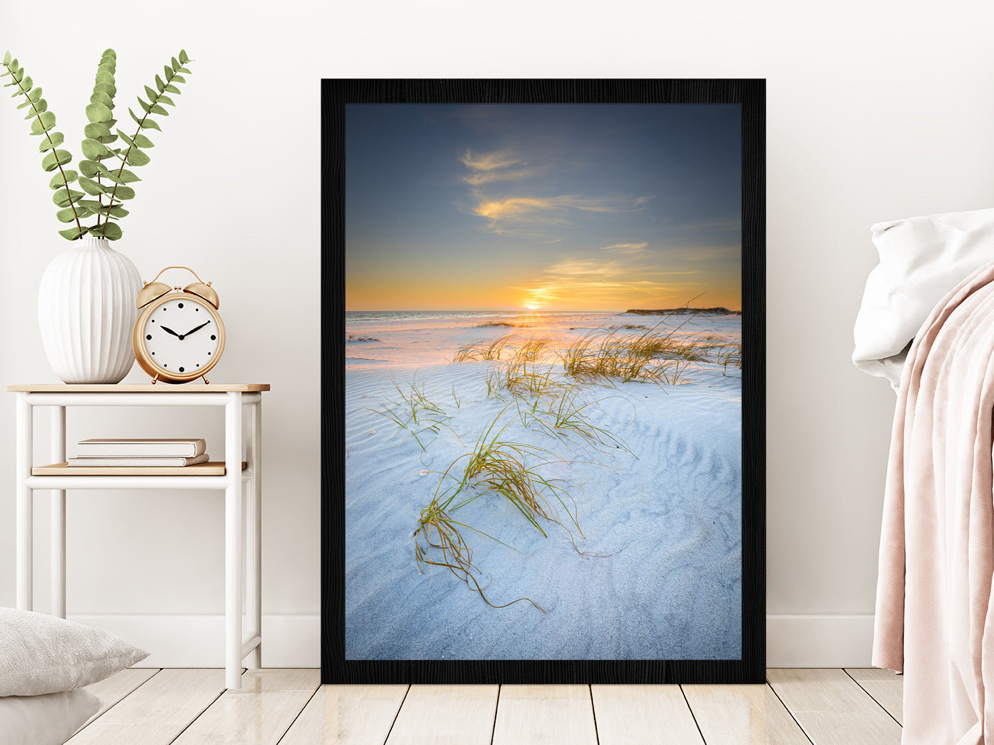 Sandy Sea Dunes in Walton Beach Sunset View Photograph Glass Framed Wall Art, Ready to Hang Quality Print Without White Border Black