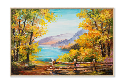 Autumn Forest & Mountain Lake Watercolor Painting Wall Art Limited Edition High Quality Print Canvas Box Framed Natural