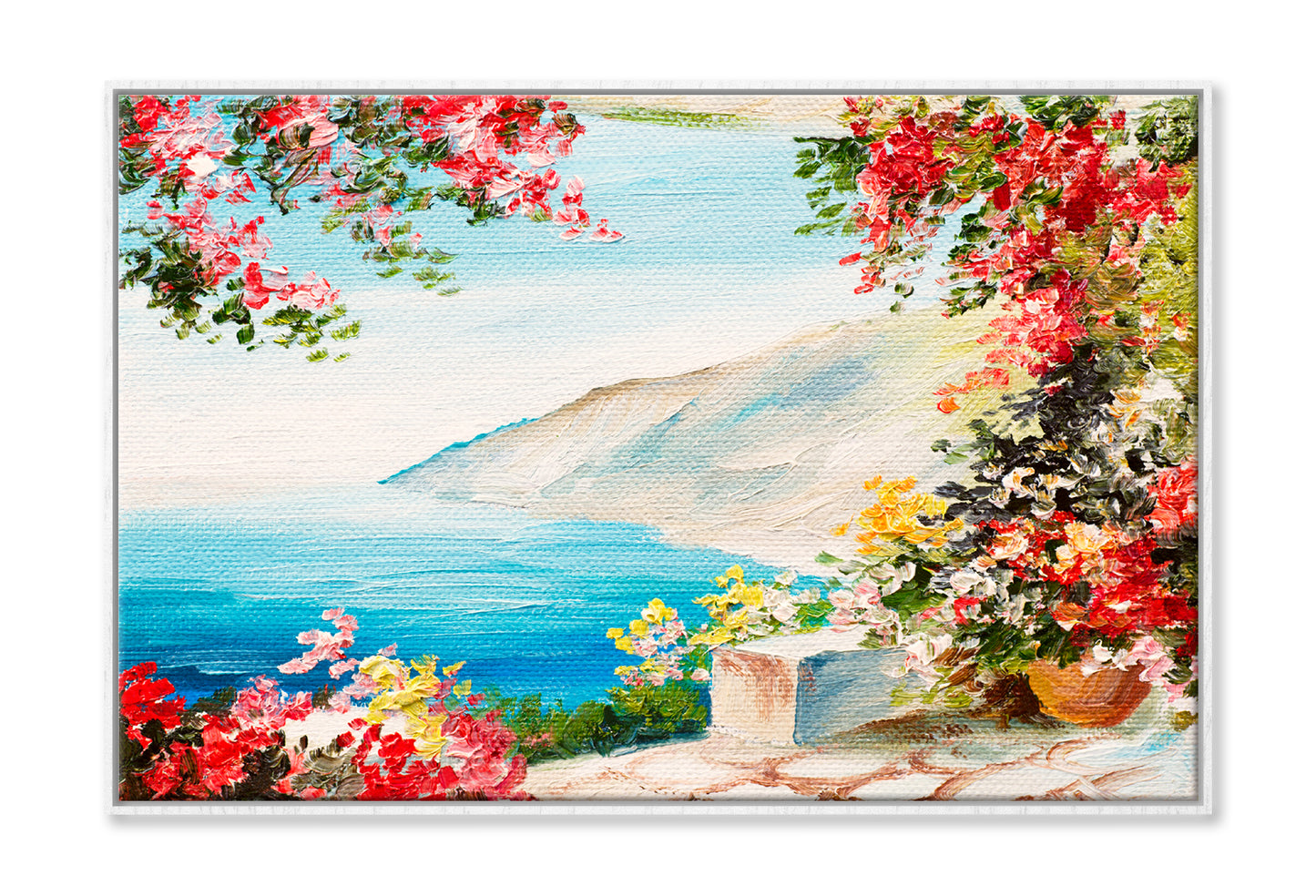 House With Colorful Flowers Near The Sea Oil Painting Wall Art Limited Edition High Quality Print Canvas Box Framed White