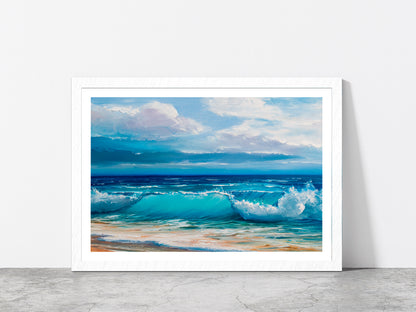 Sea Waves With Beach Painting Glass Framed Wall Art, Ready to Hang Quality Print With White Border White