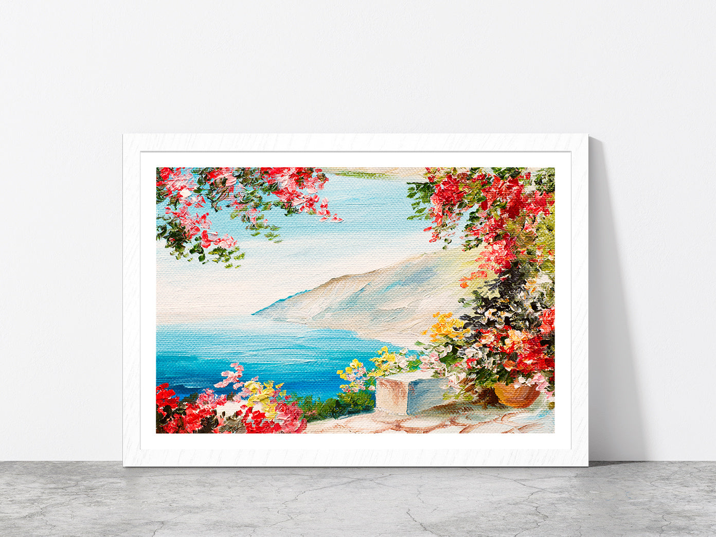 House With Colorful Flowers Near The Sea Glass Framed Wall Art, Ready to Hang Quality Print With White Border White