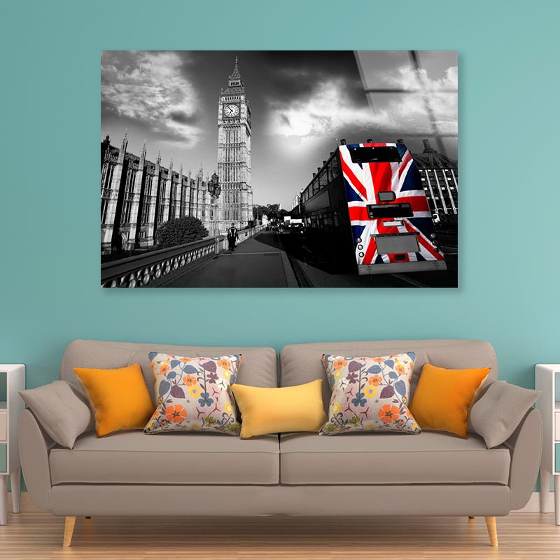 Big Ben with City Bus Covered Flag of England, London, UK Acrylic Glass Print Tempered Glass Wall Art 100% Made in Australia Ready to Hang