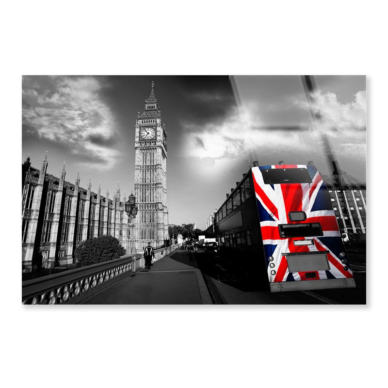 Big Ben with City Bus Covered Flag of England, London, UK Acrylic Glass Print Tempered Glass Wall Art 100% Made in Australia Ready to Hang