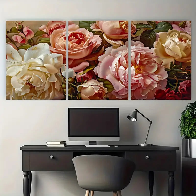 3pcs Elegant Peonies Garden Vintage Metal Print Ready to Hang Art