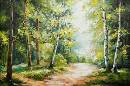 Trees On Summer Forest & Forest Road Glass Framed Wall Art, Ready to Hang Quality Print