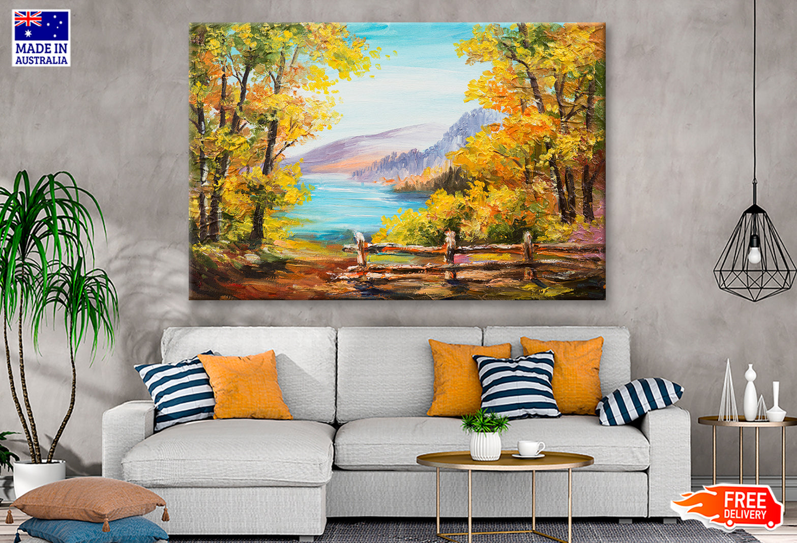 Autumn Forest & Mountain Lake Watercolor Painting Wall Art Limited Edition High Quality Print