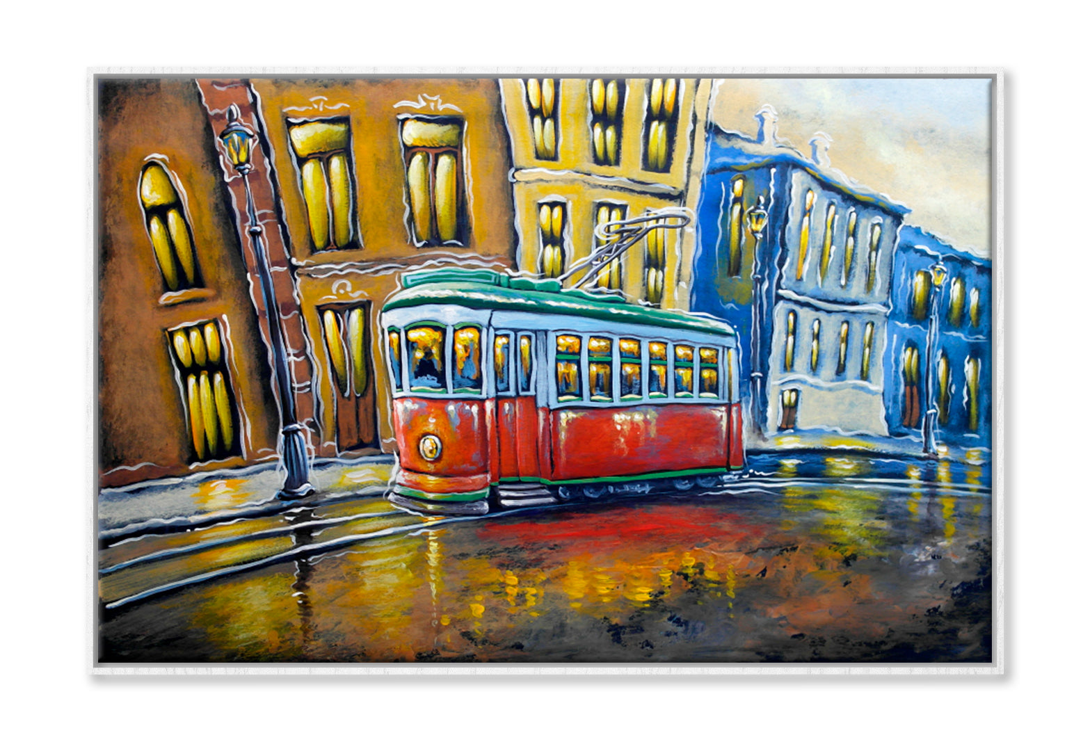 Old Tram City Oil Painting Wall Art Limited Edition High Quality Print Canvas Box Framed White