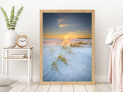 Sandy Sea Dunes in Walton Beach Sunset View Photograph Glass Framed Wall Art, Ready to Hang Quality Print Without White Border Oak