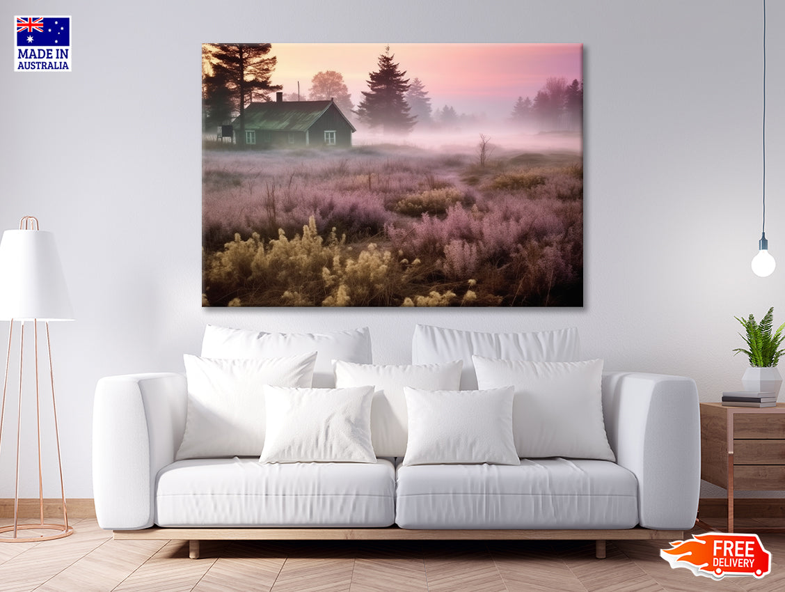 A House in a Field during Sunrise with Trees, Grass Print 100% Australian Made