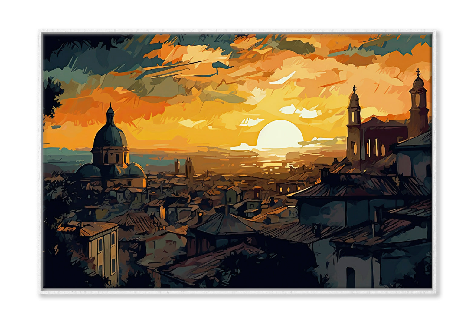 Rome City & Sunset Sky Abstract Painting Wall Art Limited Edition High Quality Print Canvas Box Framed White