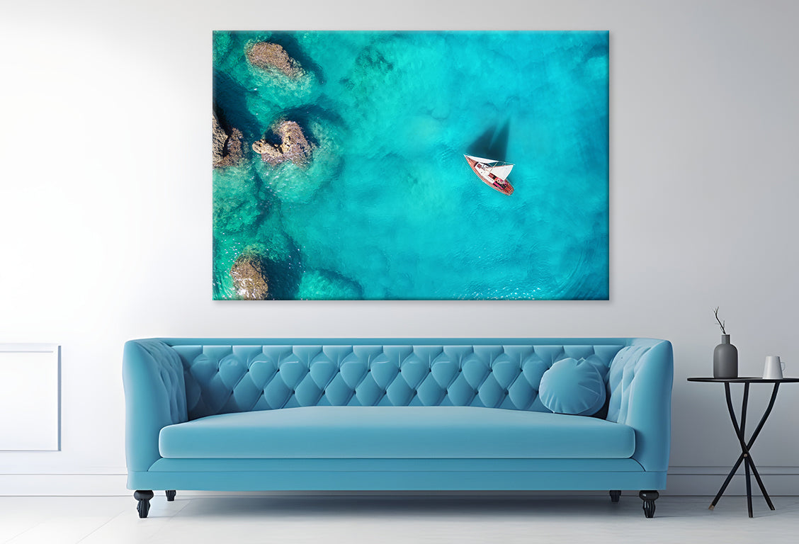 Yacht on Sea with Turquoise Water Wall Art Decor 100% Australian Made