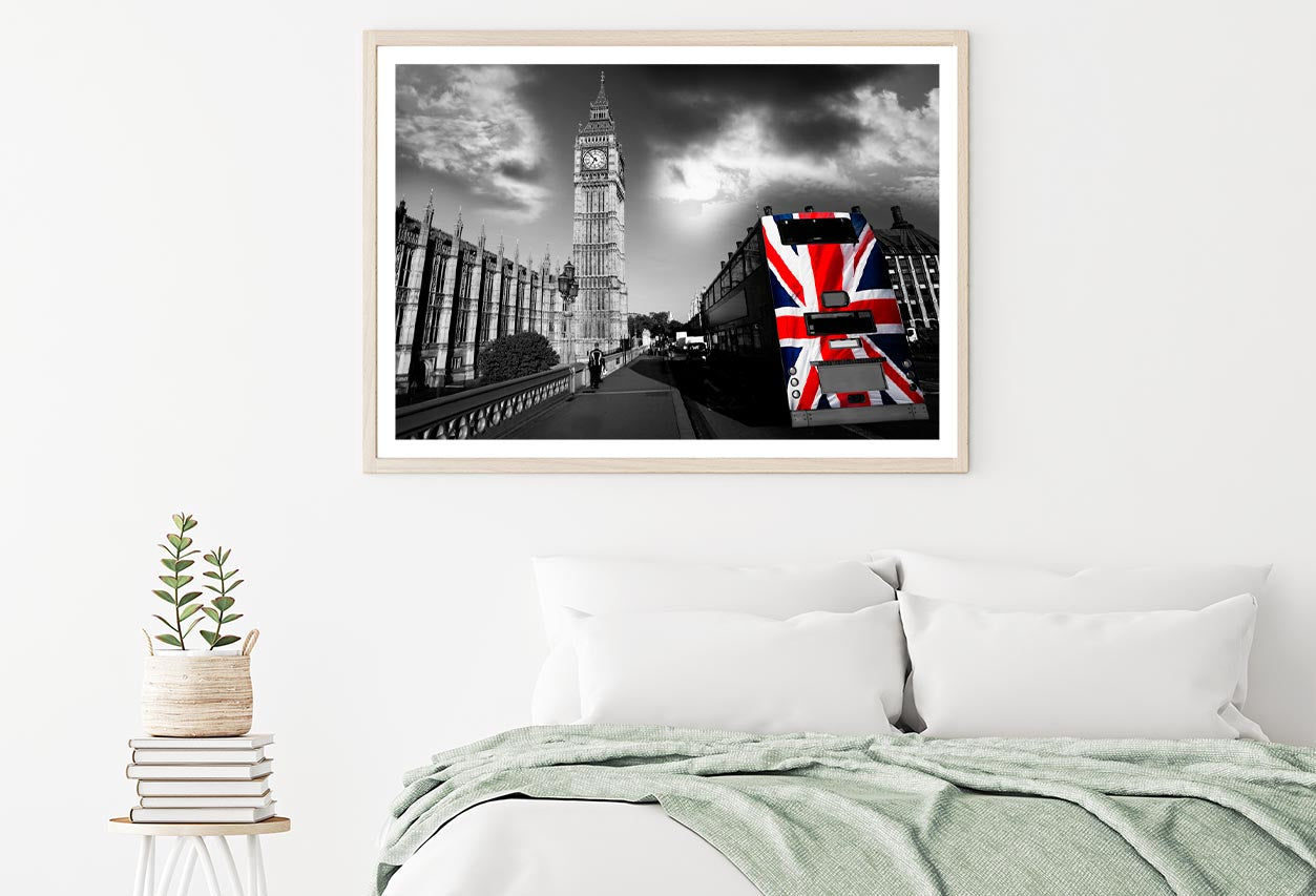 Big Ben with City Bus Covered Flag of England, London, UK Home Decor Premium Quality Poster Print Choose Your Sizes