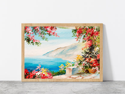 House With Colorful Flowers Near The Sea Glass Framed Wall Art, Ready to Hang Quality Print Without White Border Oak