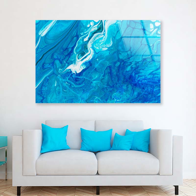 Blue White Liquid Acrylic Glass Print Tempered Glass Wall Art 100% Made in Australia Ready to Hang