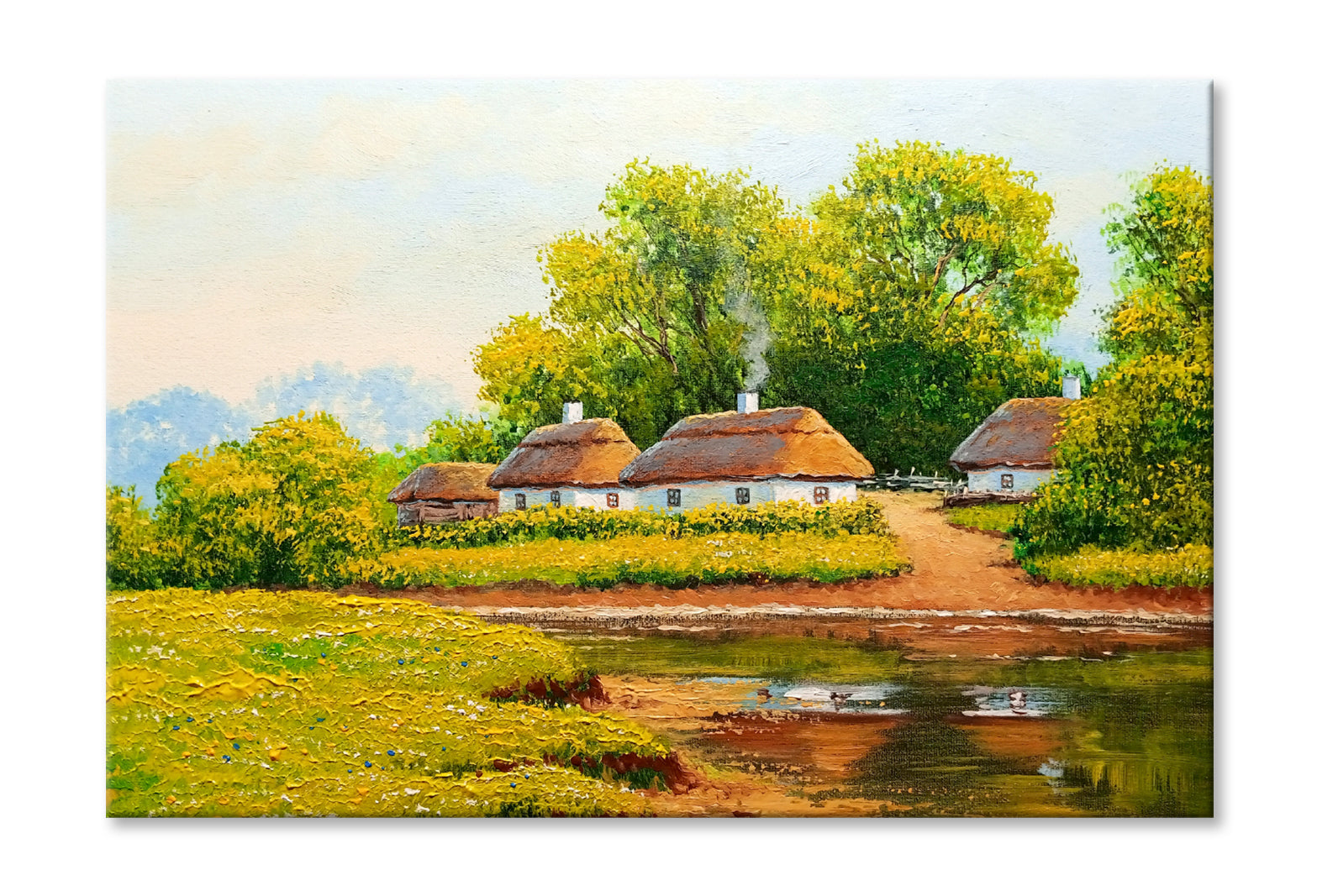 Old Village near River & Green Trees Oil Painting Wall Art Limited Edition High Quality Print Stretched Canvas None