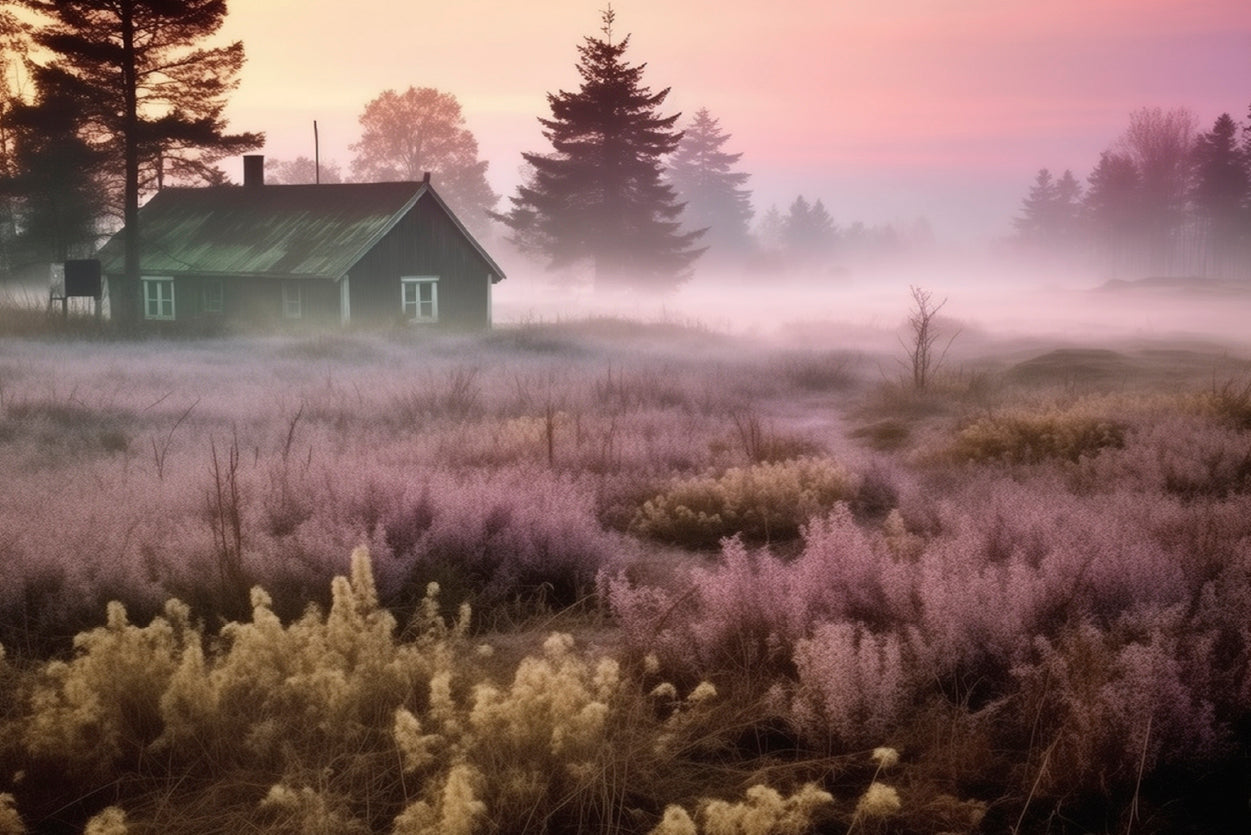 A House in a Field during Sunrise with Trees, Grass Print 100% Australian Made