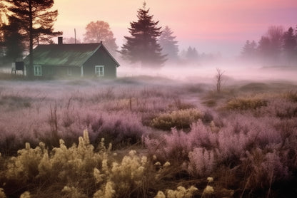 A House in a Field during Sunrise with Trees, Grass Print 100% Australian Made