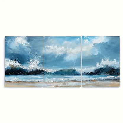 3pcs Stormy Skies & Sandy Beach Ocean Metal Print Ready to Hang Art