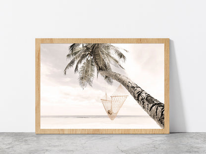 Hammock on Palm Tree near Beach Faded Photograph Glass Framed Wall Art, Ready to Hang Quality Print Without White Border Oak