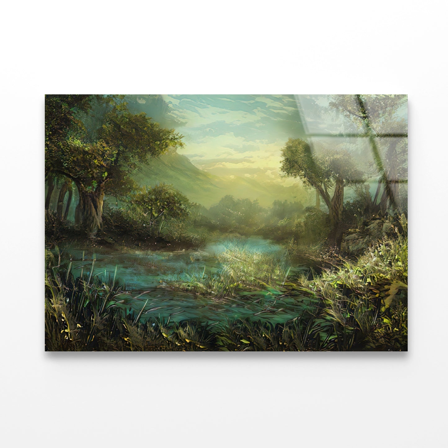 A River Surrounded By Trees and Plants Painting Acrylic Glass Print Tempered Glass Wall Art 100% Made in Australia Ready to Hang