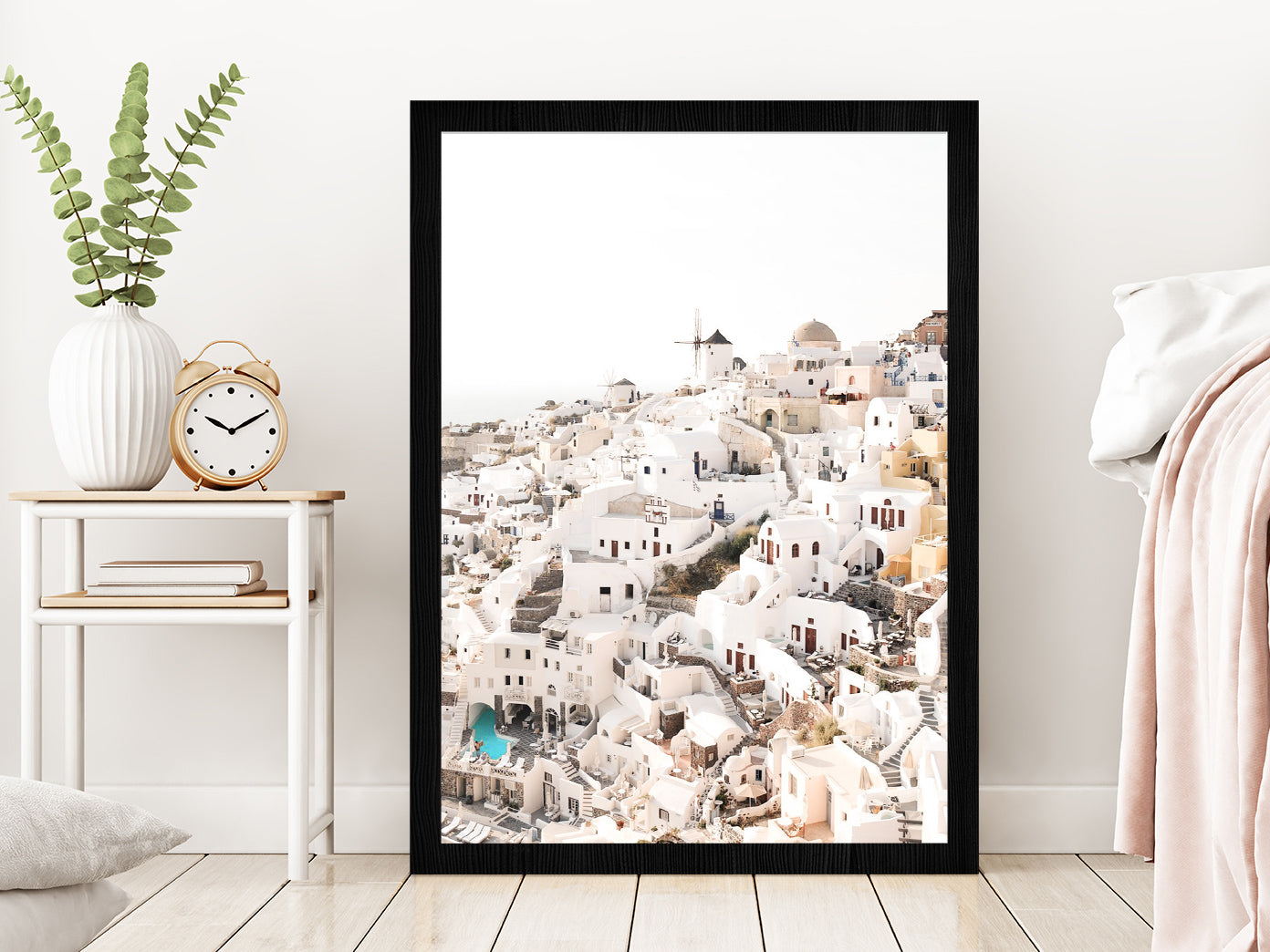 Sentorino Faded Houses View Photograph Glass Framed Wall Art, Ready to Hang Quality Print Without White Border Black