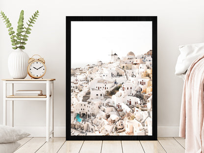 Sentorino Faded Houses View Photograph Glass Framed Wall Art, Ready to Hang Quality Print Without White Border Black