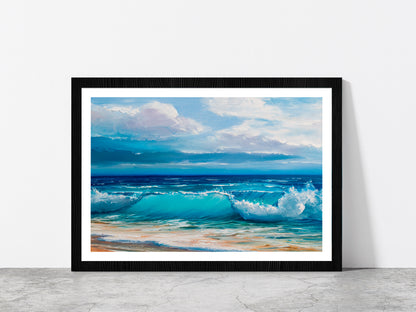 Sea Waves With Beach Painting Glass Framed Wall Art, Ready to Hang Quality Print With White Border Black