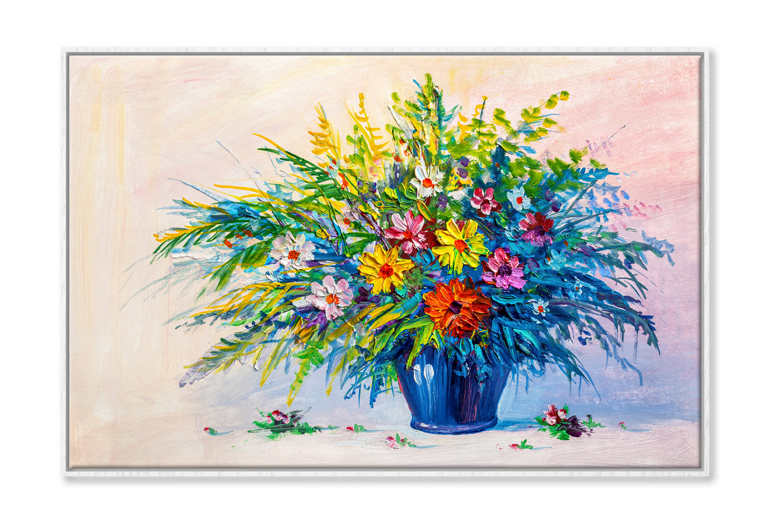 Colorful Flowers with Leaves in Vase Oil Painting Wall Art Limited Edition High Quality Print Canvas Box Framed White