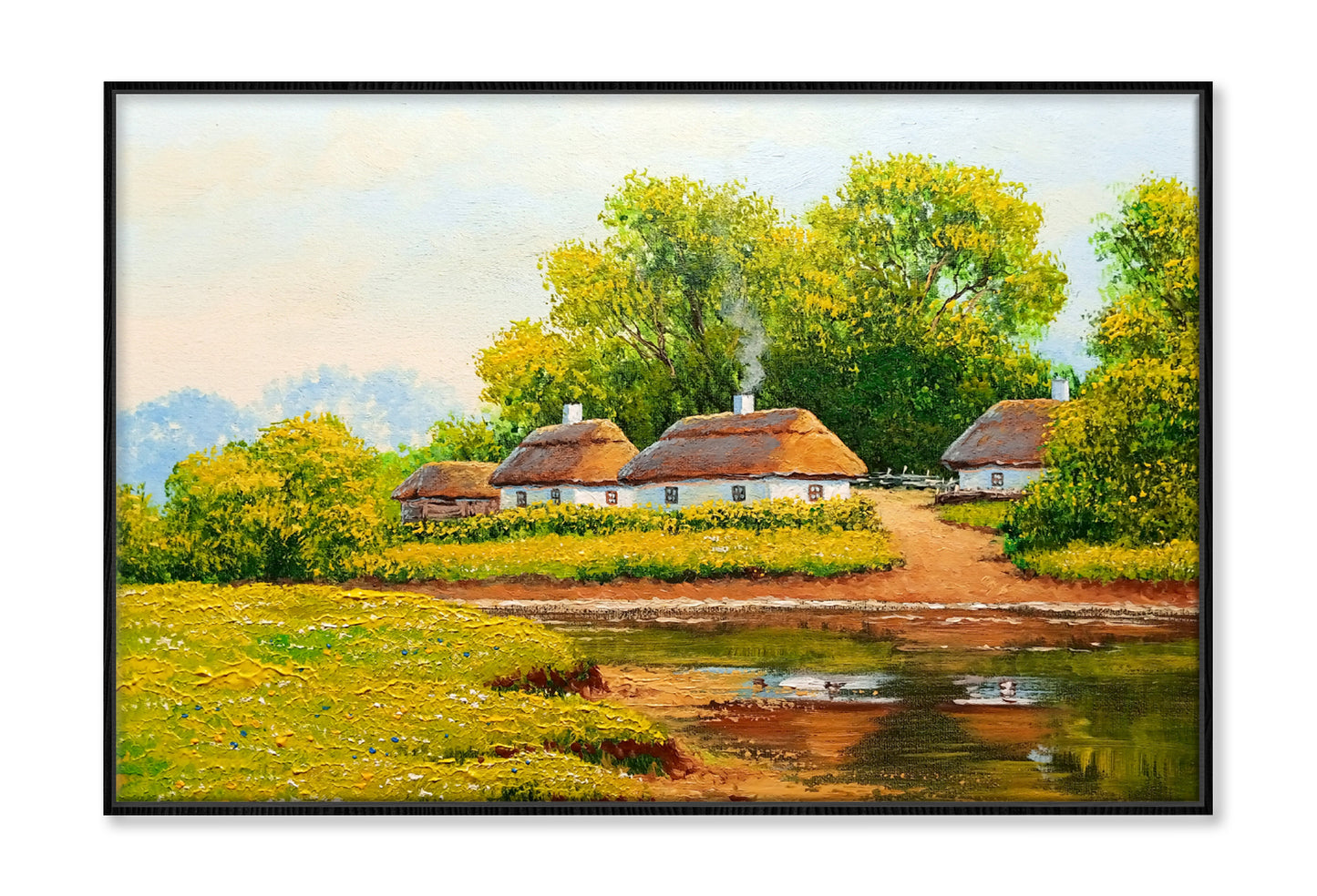 Old Village near River & Green Trees Oil Painting Wall Art Limited Edition High Quality Print Canvas Box Framed Black