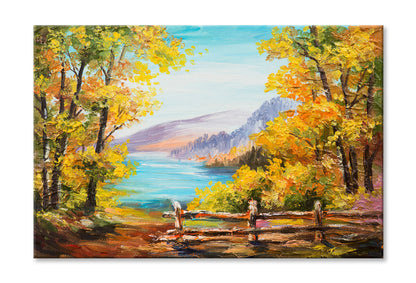 Autumn Forest & Mountain Lake Watercolor Painting Wall Art Limited Edition High Quality Print Stretched Canvas None