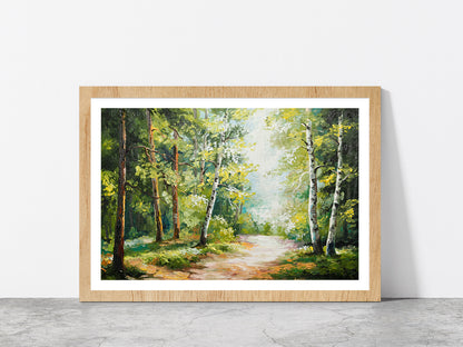 Trees On Summer Forest & Forest Road Glass Framed Wall Art, Ready to Hang Quality Print With White Border Oak