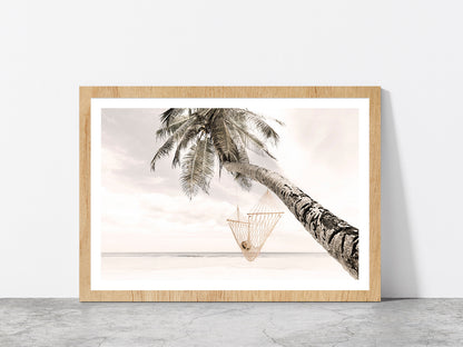 Hammock on Palm Tree near Beach Faded Photograph Glass Framed Wall Art, Ready to Hang Quality Print With White Border Oak