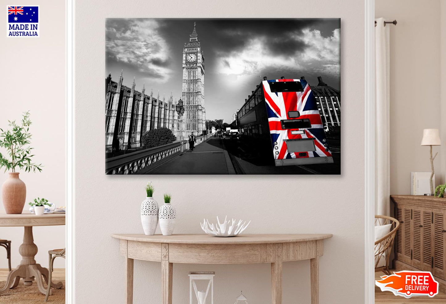 Big Ben with City Bus Covered Flag of England, London, UK Wall Art Decor 100% Australian Made