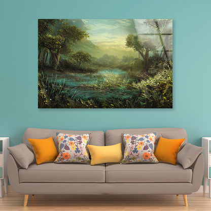 A River Surrounded By Trees and Plants Painting Acrylic Glass Print Tempered Glass Wall Art 100% Made in Australia Ready to Hang