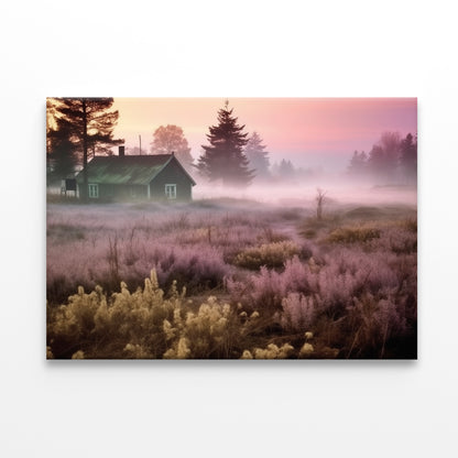 A House in a Field during Sunrise with Trees, Grass Print 100% Australian Made