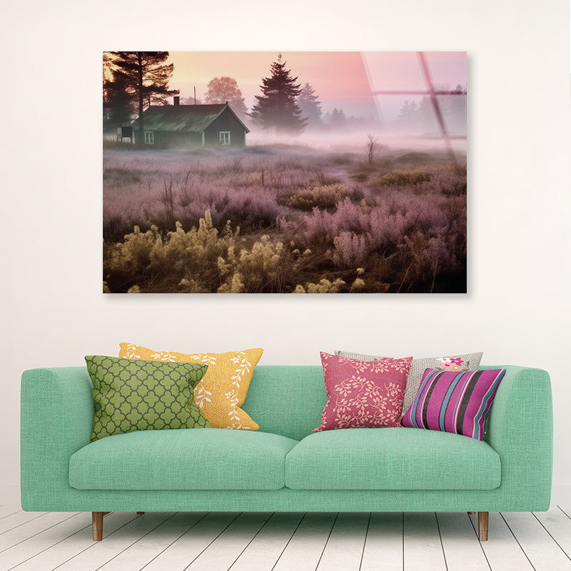 A House in a Field during Sunrise with Trees, Grass Acrylic Glass Print Tempered Glass Wall Art 100% Made in Australia Ready to Hang